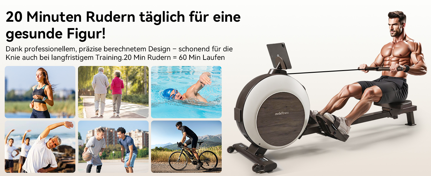 MOBI FITNESS: Горизонтальний тренажер для дому з магнітним опором, 40 рівнів, максимальне навантаження 160 кг, LED-дисплей (сумісний з Apple Watch)