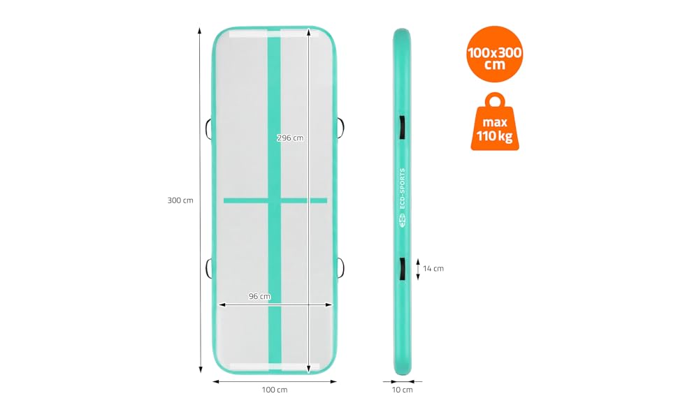 Надувний гімнастичний мат Airtrack ECD Germany для тамблінгу та фітнесу, 300 x 100 x 10 см, м'ятно-зелений (з електричним насосом та сумкою)