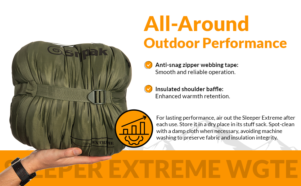 Сплячий мішок Snugpak Sleeper Extreme WGTE – теплий та міцний спальний мішок-кокон для кемпінгу та відпочинку на природі. З ізольованим внутрішнім стібком, двостороннім замком-блискавкою та компресійним чохлом оливкового кольору.