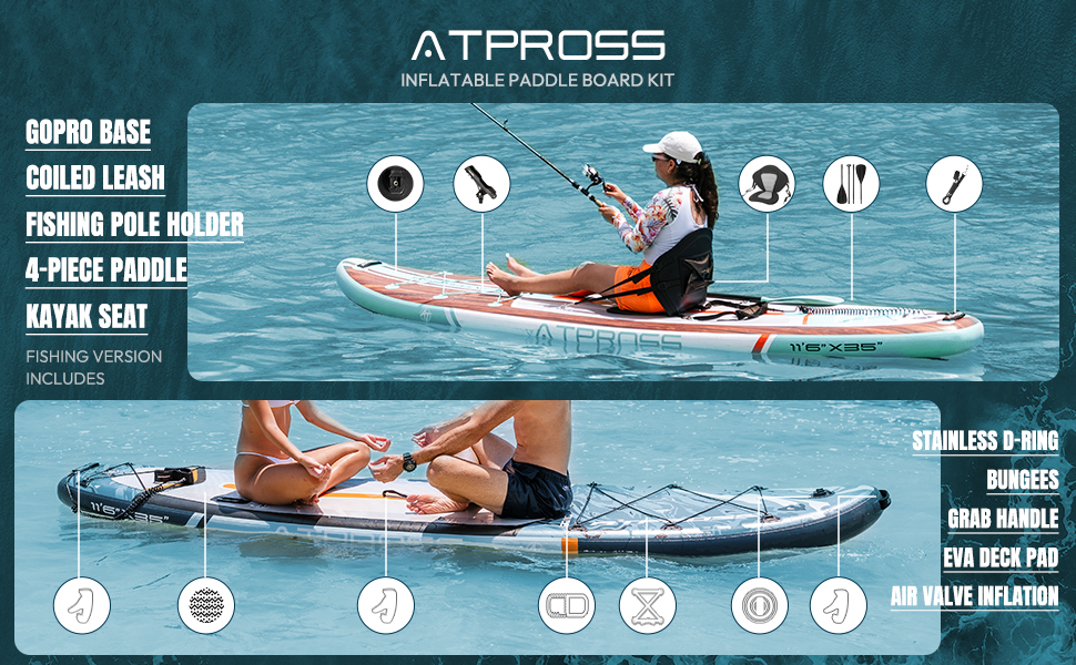 Надувна SUP-дошка ATPROSS 350x89x15 см, витримує до 200 кг, широка, для дорослих, з набором аксесуарів і рюкзаком, стійка, нековзка, для йоги, риболовлі та серфінгу