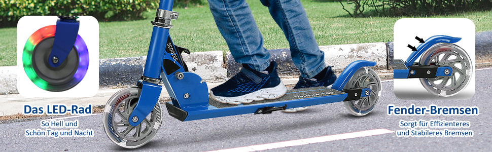 Дитячий ролер GOPLUS Roller Kinder 4, ролер для дітей 4 роки, з LED-підсвіткою, гальмом та підніжкою, регульована висота, алюмінієвий, складний, до 70 кг, блакитний