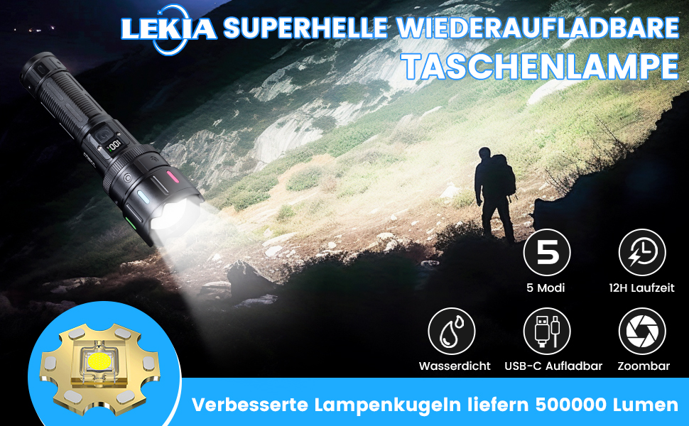LED ліхтар Lekia 500000 Люмен, перезаряджуваний USB-C, 5 режимів, Zoom, водонепроникний, 5000mAh, для кемпінгу та надзвичайних ситуацій