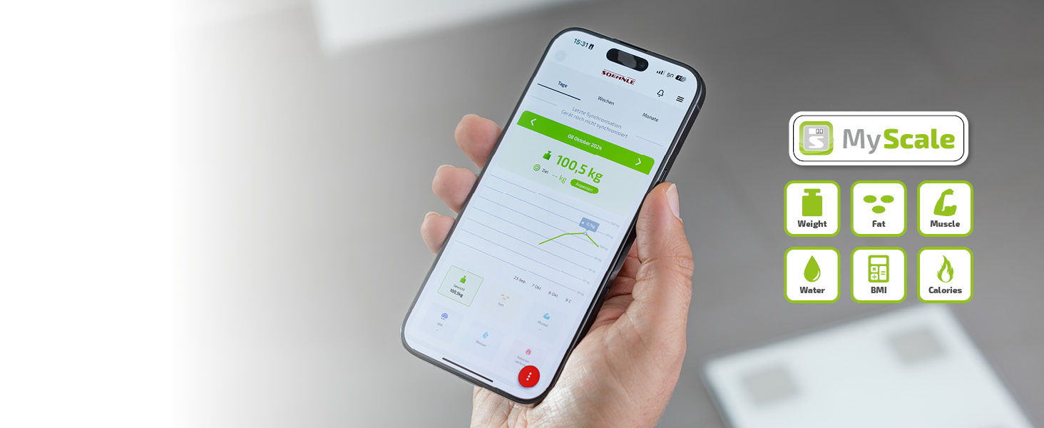 Розумні ваги Soehnle Shape Sense Connect Lite, аналіз складу тіла, з'єднання з додатком, вимірювання жиру, води, м'язової маси, LED-дисплей, білі