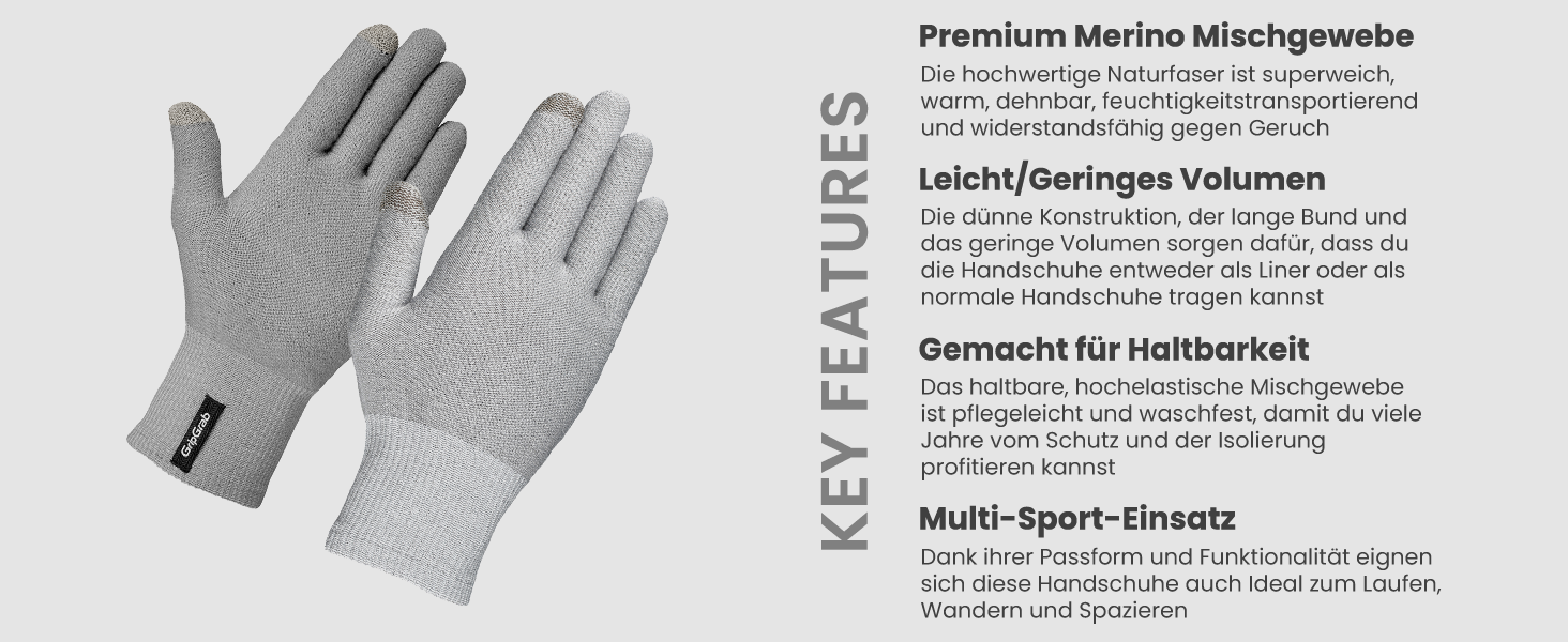 GripGrab Merino Liner: Термо-рукавички з мериносової вовни для їзди на велосипеді, туризму та повсякденного використання (Сірий, XS-S)