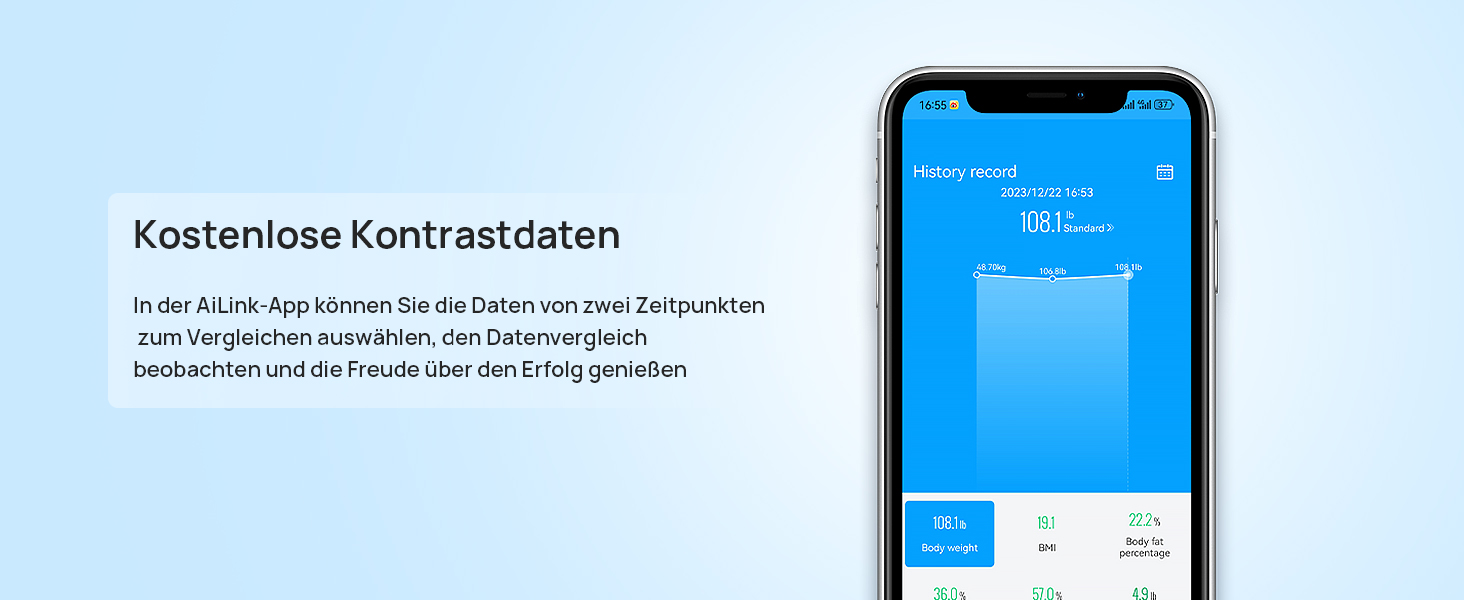 Цифрова ваги для людей з APP, інтелектуальна ваги для контролю ІМТ, ваги, жиру, м'язової маси, макс. навантаження 180 кг, батарея в комплекті, синя