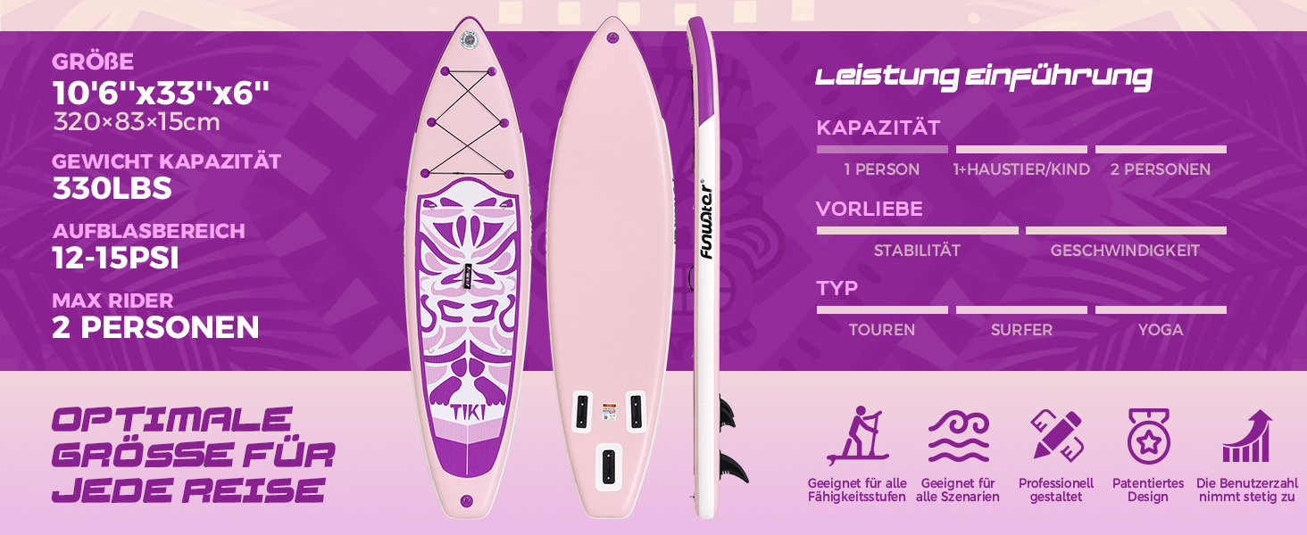 Надувний SUP-борд FunWater 10'6'-11'6' – ідеальний для початківців та сімей, з антиковзким EVA-деком, веслом, насосом та аксесуарами (10'6-TIKI LILA)