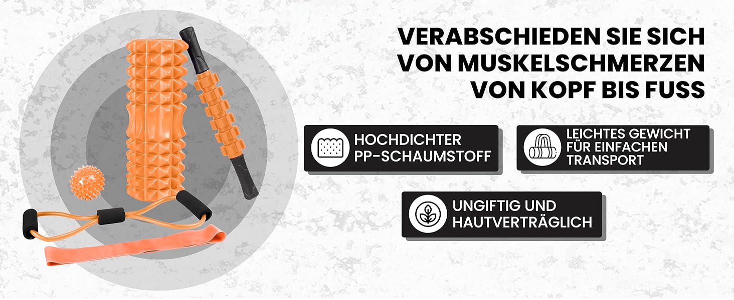 Набір для масажу фасцій Unycos: ролер, стрічка, м'яч, стік, мотузка, сумка | До 120 кг, чорний/оранжевий