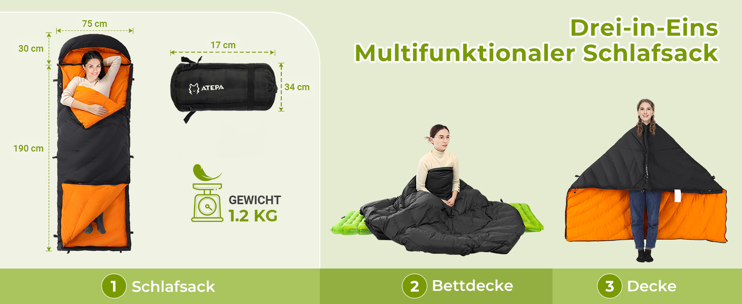 Спальний мішок ATEPA Ultraleicht Daune 650/700FP, 3-сезонний (12°C / 6°C / -1°C), легкий та компактний, водовідштовхувальний, для кемпінгу, походів, трекінгу та рюкзакових подорожей, з компресійним мішком. Комфортна температура 12°C, межа допустимої температури 7°C - Чорний (ThermaPlus Max, комфортна температура 7°C, межа допустимої температури 2°C - Чорний)