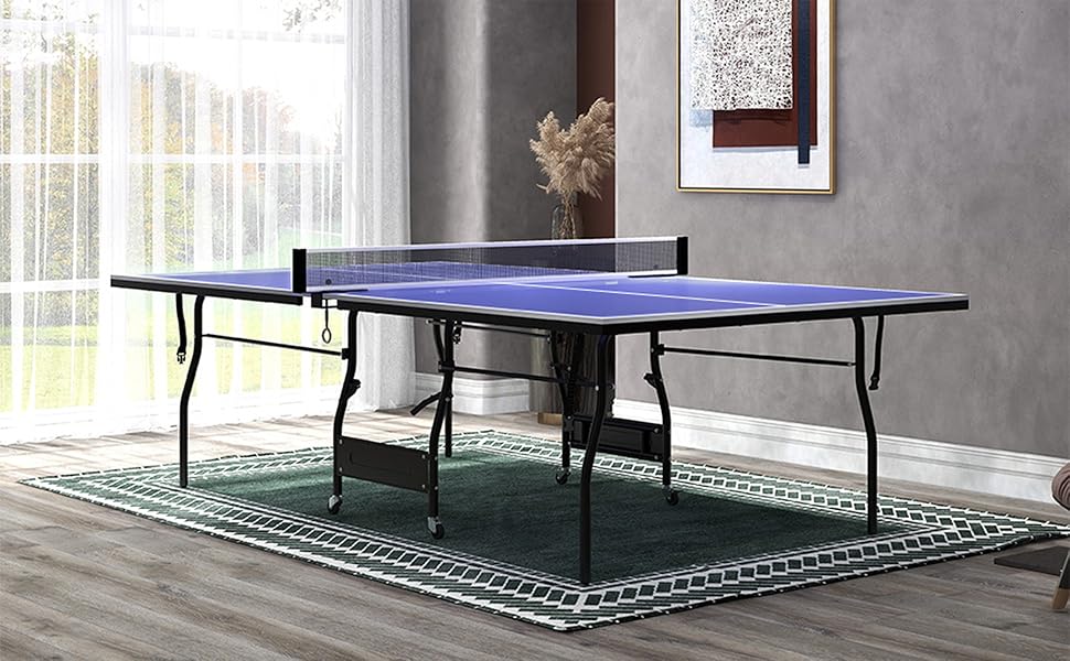 Стіл для пінг-понгу SPORTNOW Mid Size, розкладний, з роликами та сіткою, 3 м'ячі, 12 мм, вологостійкий, для гри в приміщенні та на вулиці, 274 x 152,5 x 76 см, блакитний