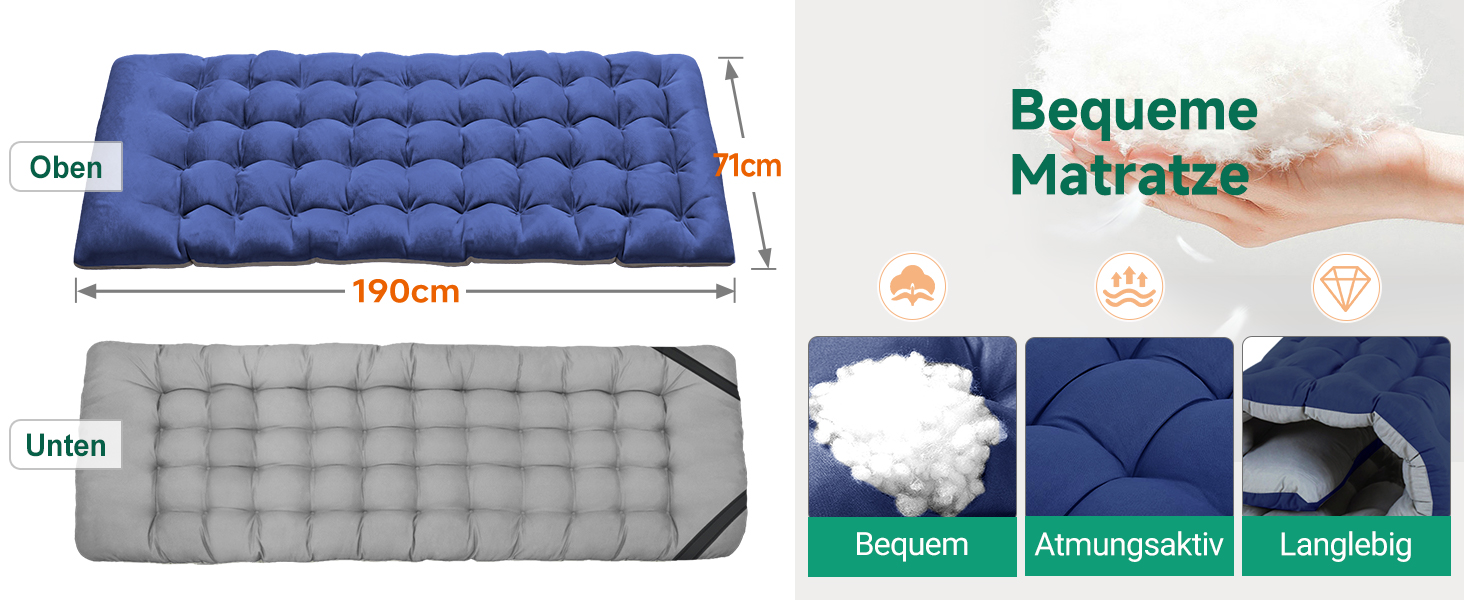 Розкладне ліжко-крісло для кемпінгу з матрацом, блакитне. Максимальне навантаження, бічна кишеня, для відпочинку на природі та вдома