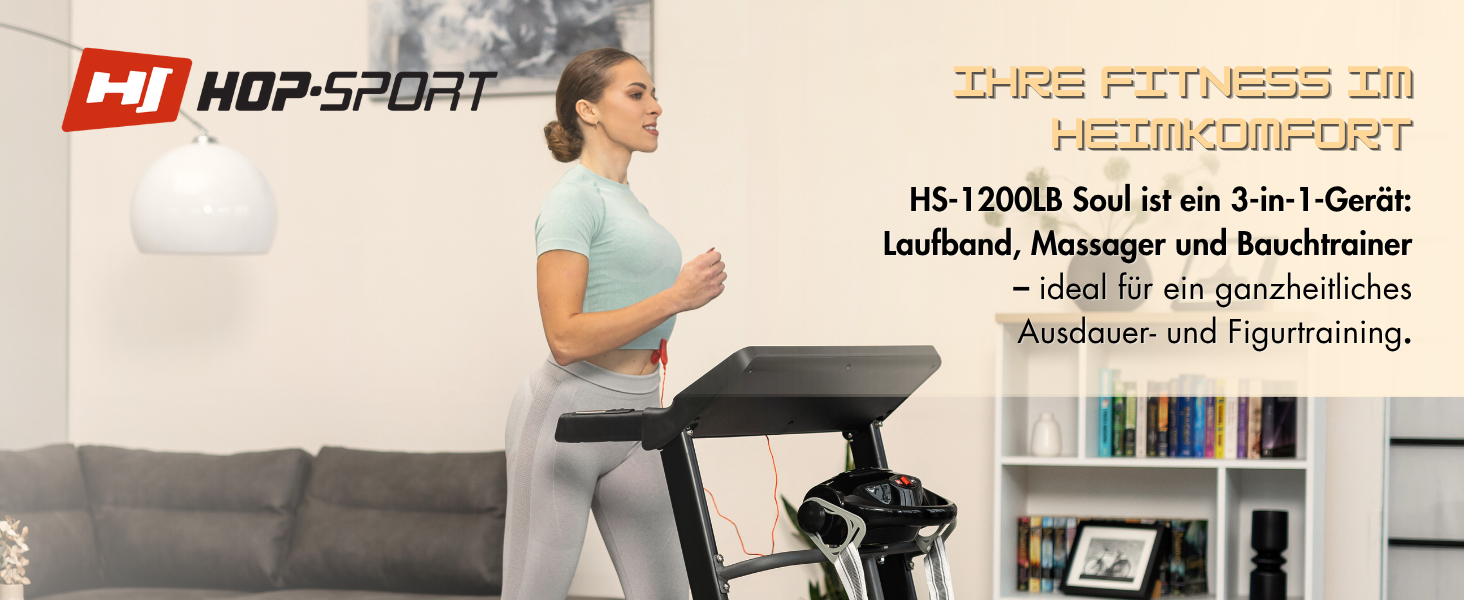 Електричний біговий тренажер Hop-Sport Soul з масажером, комп'ютером та Bluetooth, складаний, для дому, швидкість до 14 км/год, вантажопідйомність 130 кг