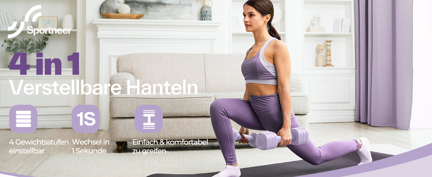 Набір гантелей Sportneer регульовані жіночі – 2 шт. (1–2,5 кг) з неслизьким TPU-покриттям, 4-в-1 для дому, фітнесу та силових тренувань Aura-Lavendel