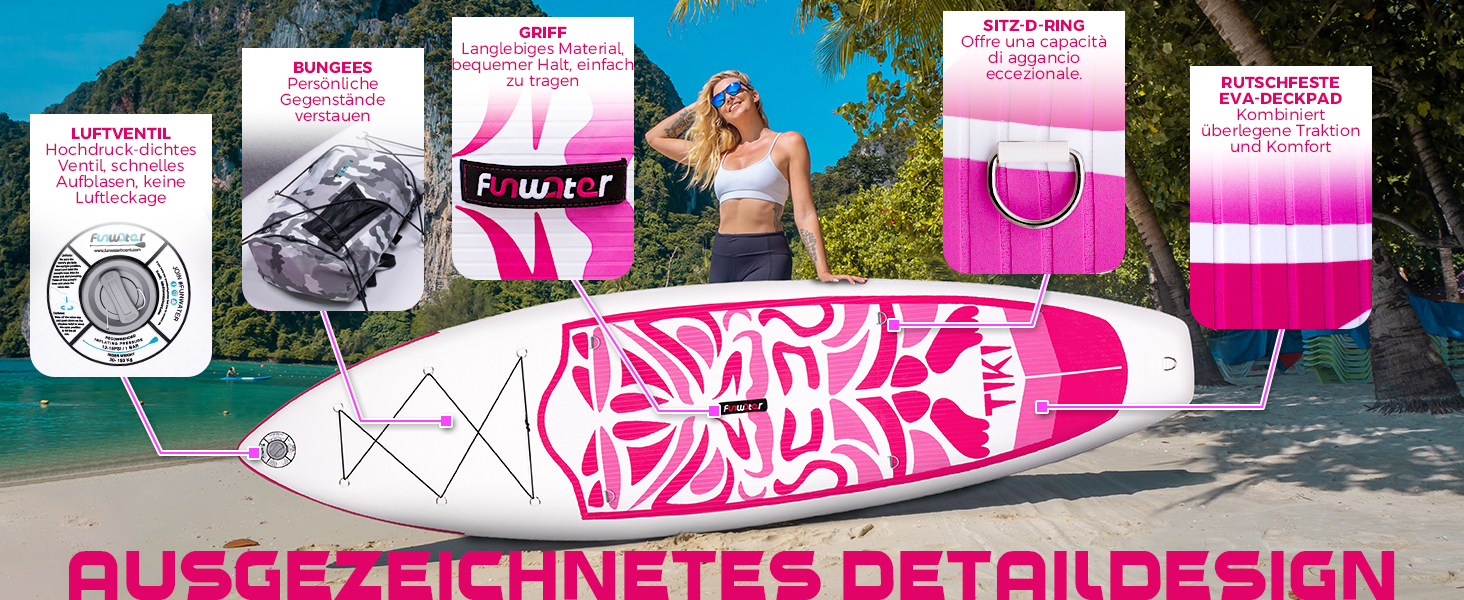 Надувний SUP (Stand Up Paddle Board) FunWater 10'6' & 11'6' з аксесуарами: весло, насос, рюкзак, плавники. Підходить для будь-якого рівня майстерності. Колір: Рожевий (Tiki).