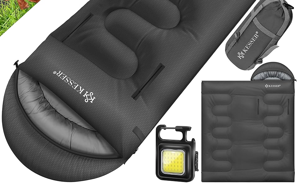 Спальний мішок KESSER® Outdoor для кемпінгу | 3-4 сезони | Підходить для дорослих та дітей | Легкий, теплий, водовідштовхуючий | З лампою та кишенею (Антрацит, 220 x 83 см)