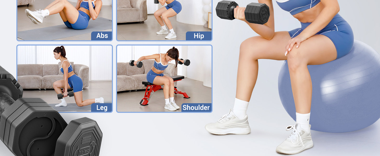 Набір гантелей Yoleo регульований 2/4 шт. для дому, 2 кг, 3 кг, 4 кг, 5 кг, з м'яким TPR-покриттям, для тренувань всього тіла, чорний