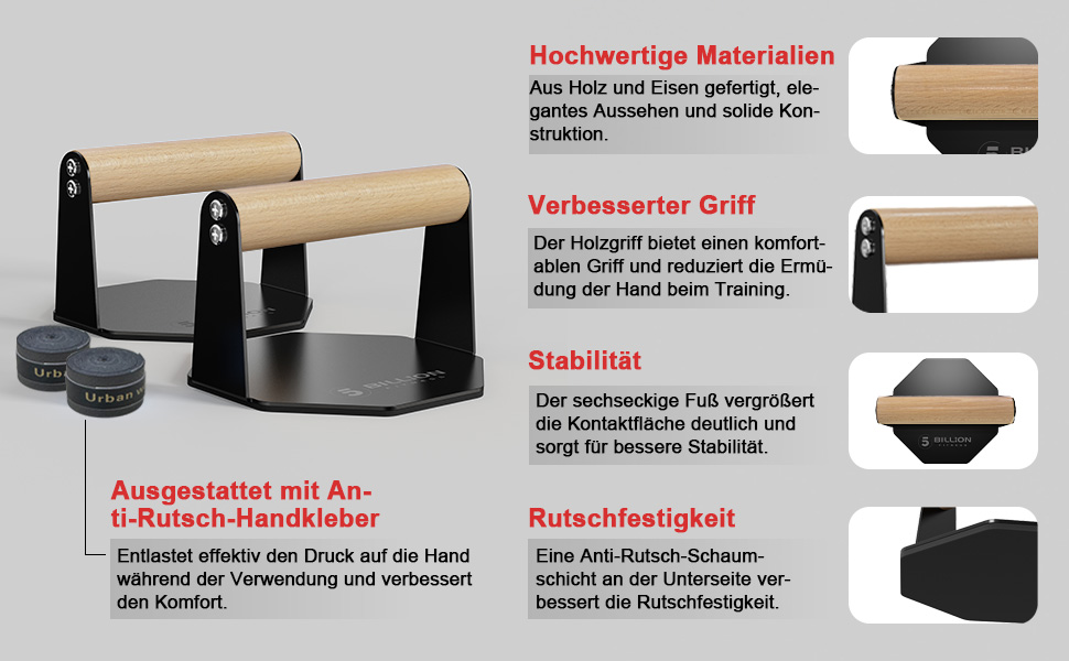 5BILLION Ручки для віджимань Push Up Bars - тренажер для дому, підтримка м'язів спини та рук, піна (чорний), сталь + дерево