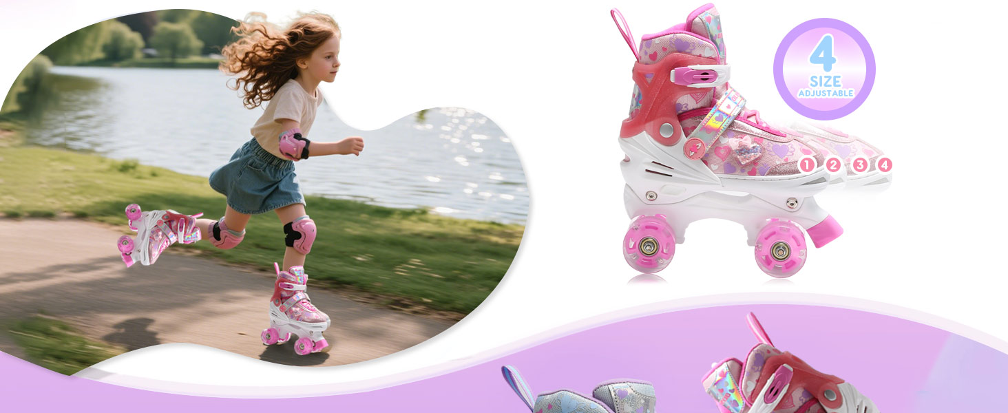 Дитячі ролики для дівчаток з блискучими сердечками та світлодіодними колесами, 4-разове регулювання, ролики для дітей-початківців, ідеальний подарунок на день народження або Різдво, фіолетовий колір