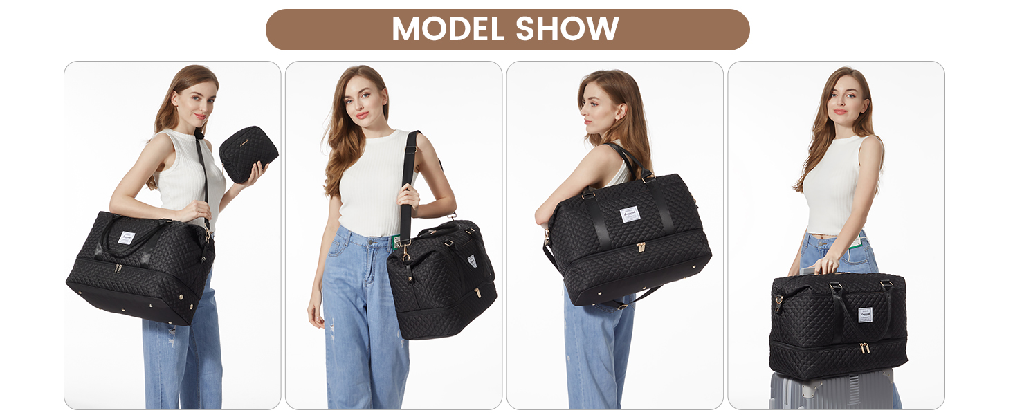 Спортивна сумка LOVEVOOK для жінок з відділенням для взуття та мокрих речей, велика дорожня сумка-вояджер, комплект з косметичкою, водонепроникна, ручна поклажа для літака, спортзал, чорна (M-2pcs)