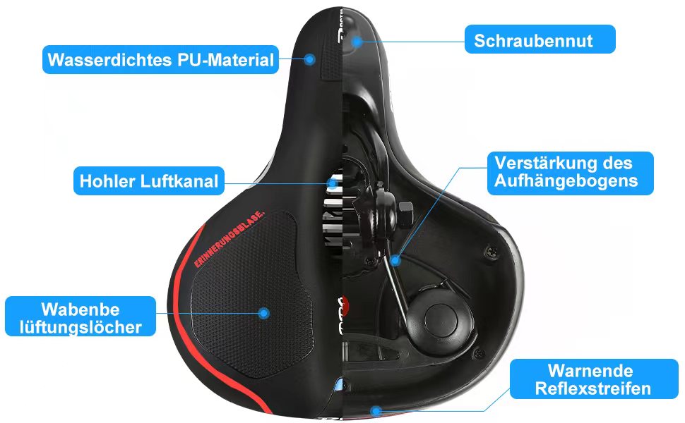 Велосипедне сідло з гелевою накладкою Pro 2.0: широке, м'яке, зручне, дихаюче, з пам'яттю форми та водонепроникним покриттям (червоне)