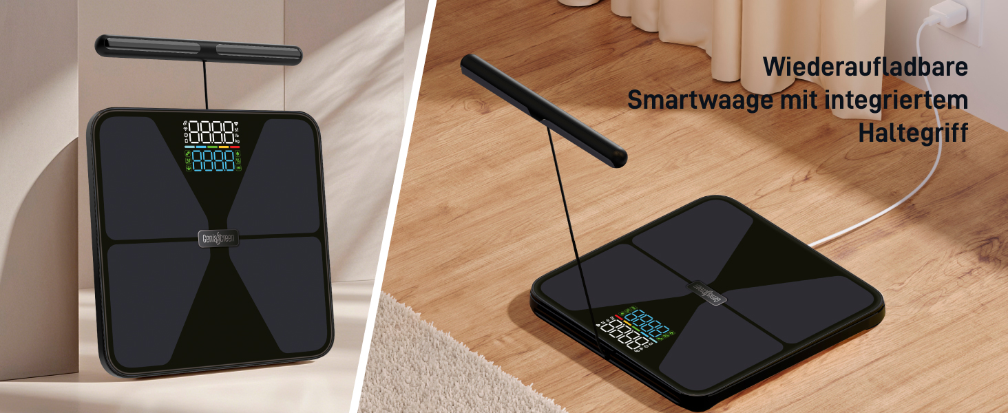 Вага для вимірювання жиру в тілі GeniaScreen SmartCore з Bluetooth: аналіз складу тіла, 56 показників, LED-дисплей, 180 кг