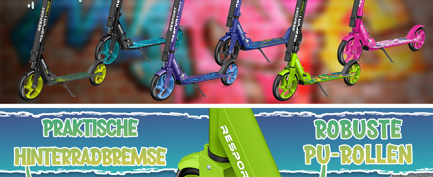 Дитячий та дорослий трюковий самокат Cityroller з дзвінком та ременем | Регульована висота, складаний, до 100 кг | Великі колеса, Kickscooter, турквіс