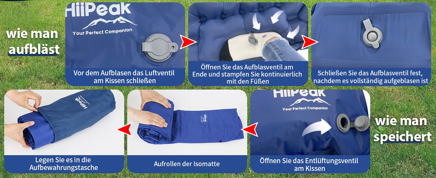 Каремат надувний HiiPeak Isomatte самонадувний туристичний, з інтегрованими подушками, блакитний, з насосом