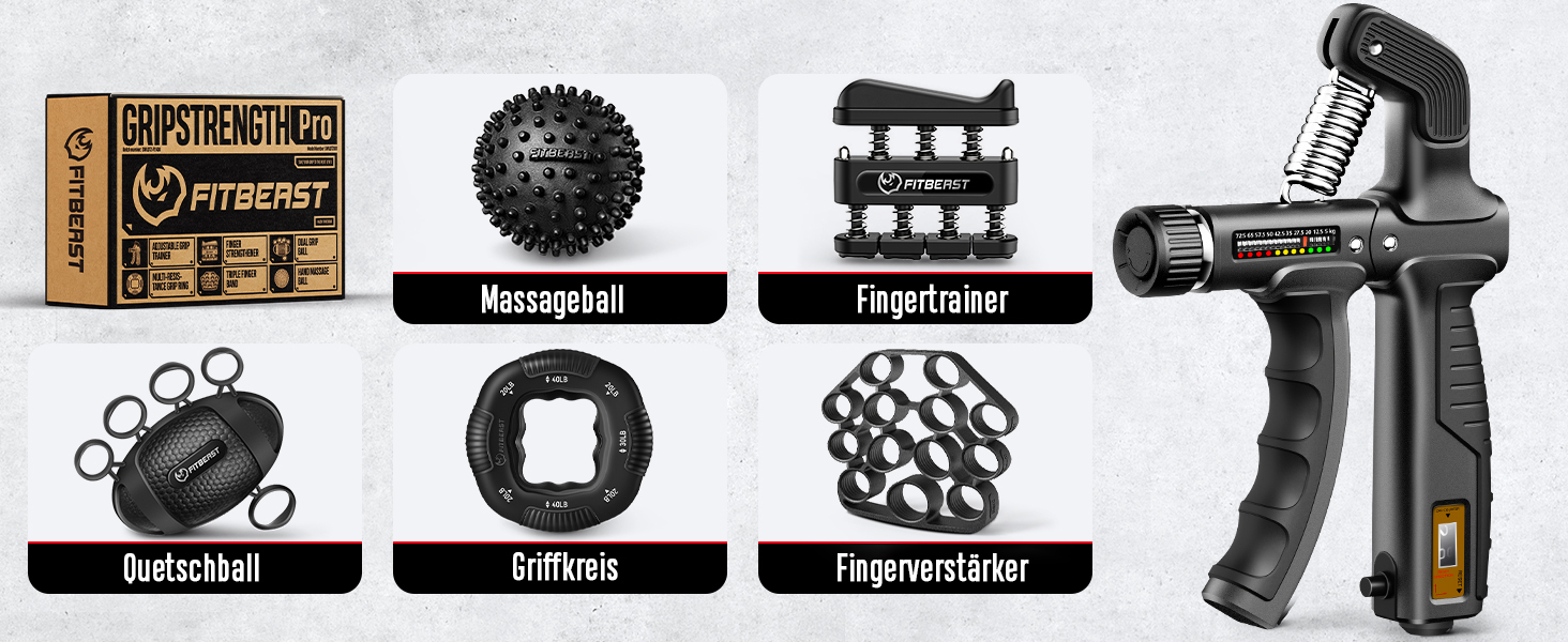 FitBeast Тренажер для рук та зап'ястя – набір 6 шт. з регульованим опором, тренажер сили хвата, тренажер пальців та масажні м'ячі для терапії рук, силових вправ та відновлення