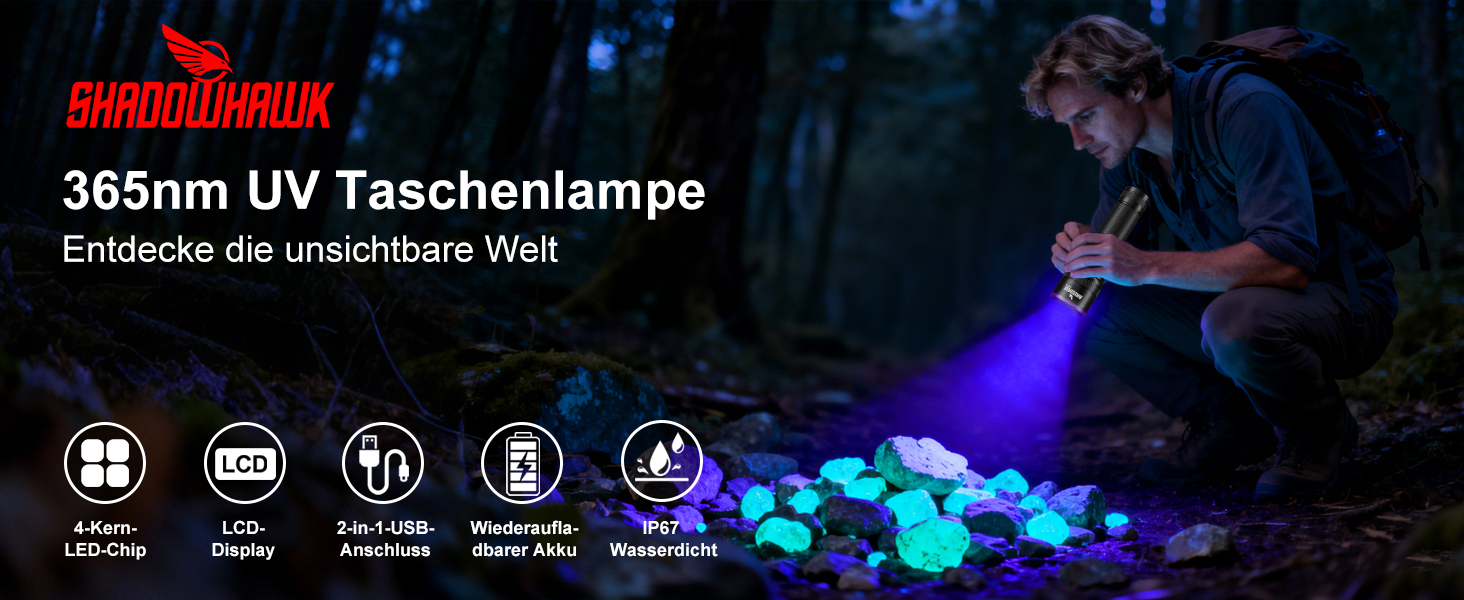 Ліхтарик ультрафіолетовий Shadowhawk 365nm 30W з фільтром, USB-зарядний, для виявлення сечі тварин, смоли, скорпіонів, перевірки банкнот, з LCD-дисплеєм