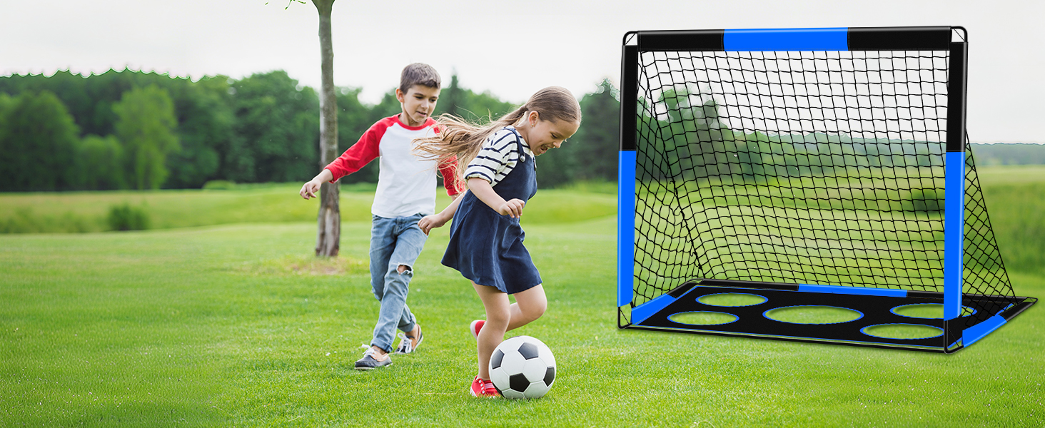 Дитячі ворота для футболу 2-в-1, 150 x 120 см, переносні та стабільні, з 5 цілями, 4 земляні кілочки та сумка, для саду, парку, пляжу (блакитні)