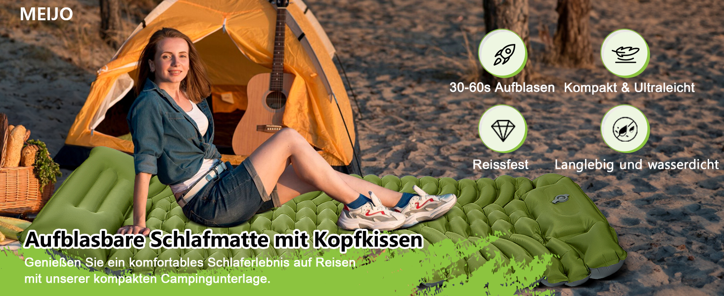 MEIJO Килимок для кемпінгу самонадувний, ізомат, туристичний килимок, Ultraleicht з насосом для ніг, товстий, для відпочинку на природі, у наметі, на пляжі, блакитний & сірий (зелений & сірий)