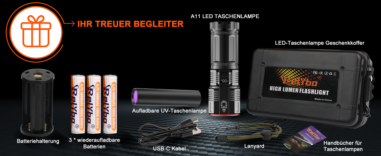 Ліхтарик LED Relybo, надпотужний 600000 люмен, USB-C, тактичний, для кемпінгу та надзвичайних ситуацій