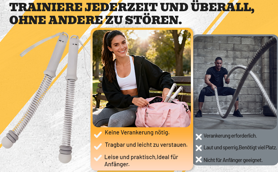 Бойова мотузка з навантаженням (без мотузки) - регульована бойова мотузка для дому, тиха мотузка без мотузки з силіконовими ручками для тренування всього тіла, спалювання жиру та силових тренувань (сіра)