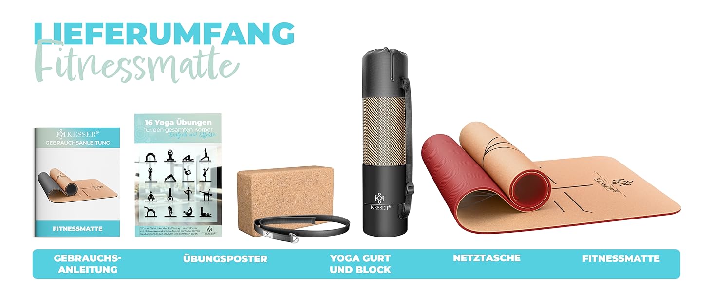 Йога мат KESSER: неслизький, складаний комплект для фітнесу, йоги та пілатесу (TPE) з сумкою та інструкцією, Бордовий