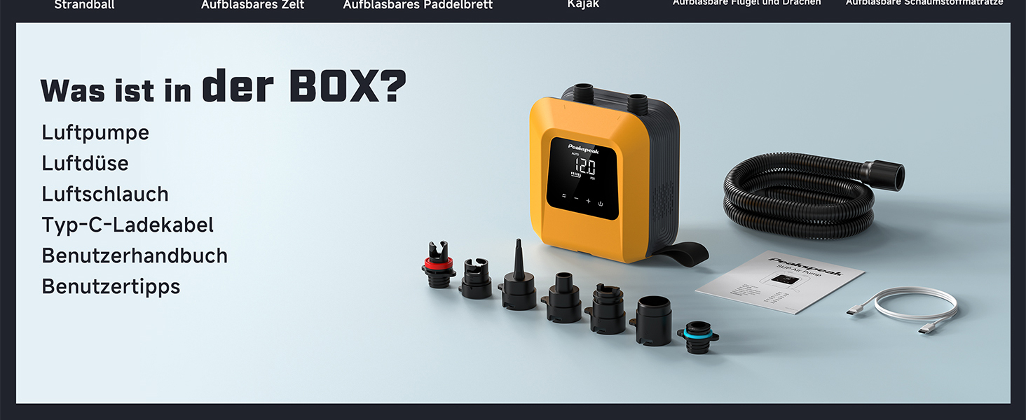 Електричний насос Peakspeak 20PSI для SUP, каяків, матраців з акумулятором - автоматичний, перезаряджається, з функцією здування