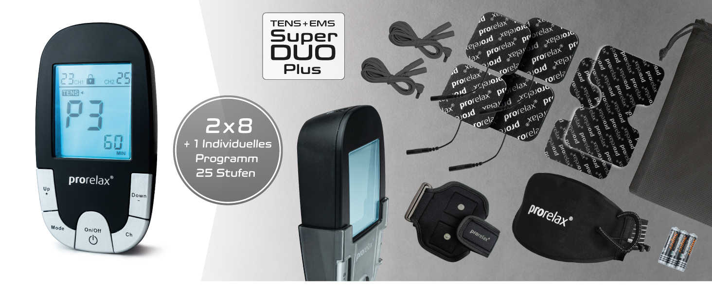 Prorelax TENS/EMS Duo Comfort Blackline: електростимулятор для м'язів та зняття болю | 2 терапії в одному приладі | З підсвічуваним дисплеєм