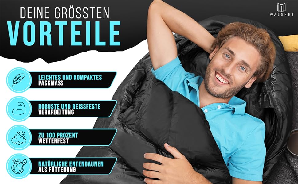 Спальний мішок WALDNER Daunenschlafsack Ultraleicht – ультралегкий, 4 сезони, 800г пуху, 600FP, для кемпінгу та відпочинку на природі, до 200 см