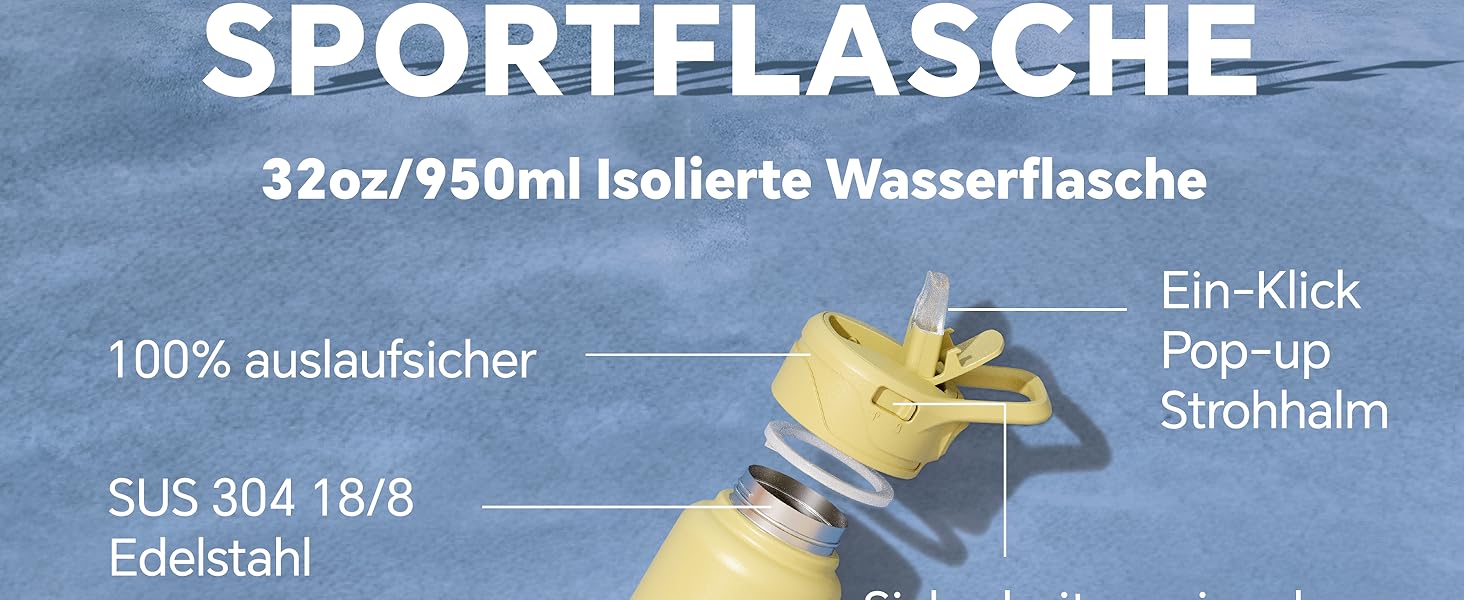 Термос IDEUS з нержавіючої сталі, 950 мл, жовтий. Спортивна пляшка-термос з подвійними стінками та надійним кришкою.