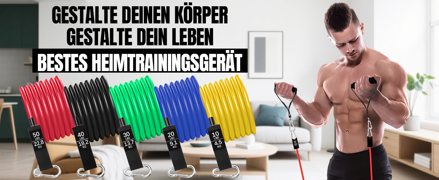 Фітнес-гумки Bindokun: набір з 5 еластичних стрічок для силових тренувань, фітнесу, пілатесу. З ручками, фіксаторами для ніг та дверей. Для жінок та чоловіків.