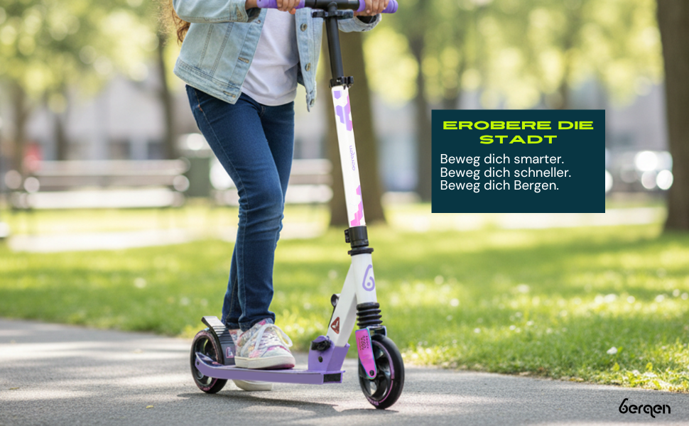 Самокат міський Bergen City Scooter Sonic - алюмінієвий, колеса PU 145мм, амортизатор, гальмо заднє, регульована висота (5+ років), легкий, білий/чорний/рожевий/фіолетовий