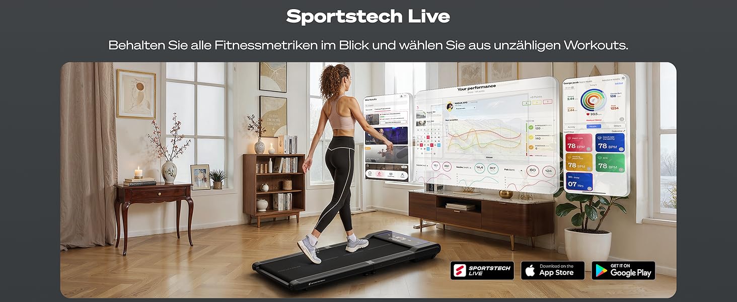 Тренажер Sportstech sWalk Fold: компактний біговий доріжки для дому з LED-підсвіткою та керуванням через додаток, до 6 км/год, 120 кг