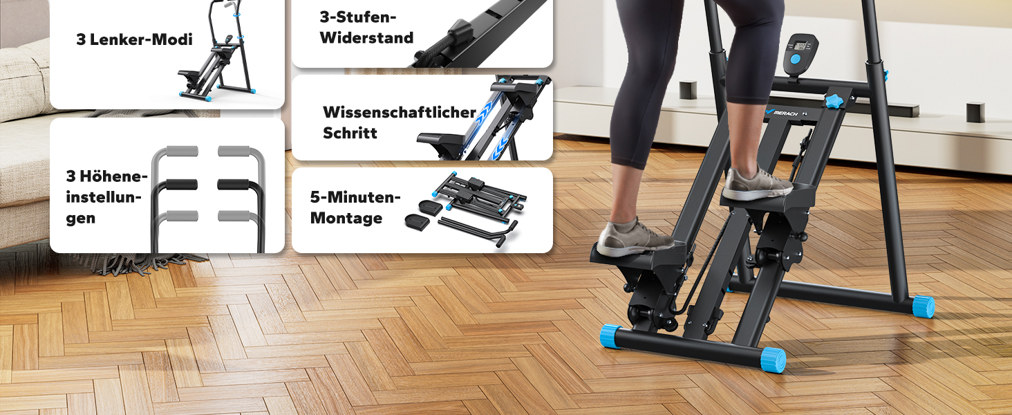 Степер MERACH 2026 Stair Stepper Pro — складаний вертикальний тренажер-імітатор сходинок для дому та офісу, 3 рівні навантаження, регульований руків'я, чорний