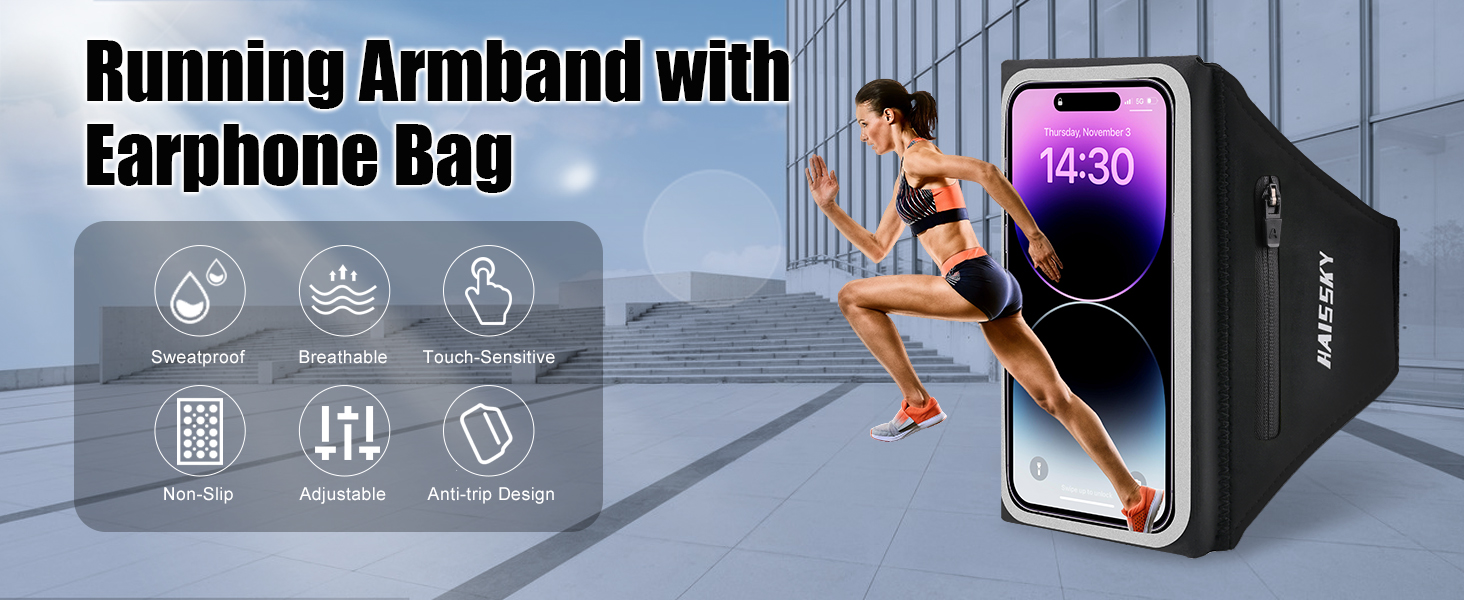Чохол для телефону на руку для бігу з кишенею для навушників, на руку, для iPhone 17 16 15 14 13 12 11 Pro Max Galaxy S24 S23 Ultra, чорний