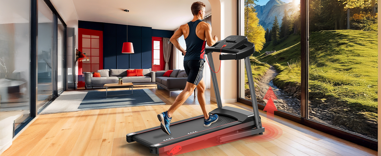 CharonFit T300: Складний біговий тренажер для дому з регулюванням нахилу до 12 км/год, 2.5 PS, вантажопідйомність 120 кг, сумісний з додатком, 2 роки гарантії, чорний