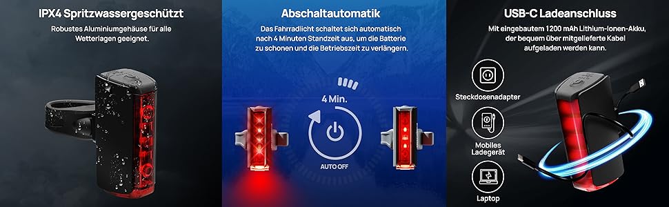 Світлодіодний набір ліхтарів для велосипеда FISCHER Twin Stop 100 Люкс, з сенсорним режимом, тривала автономна робота, міцний алюмінієвий корпус, чорний