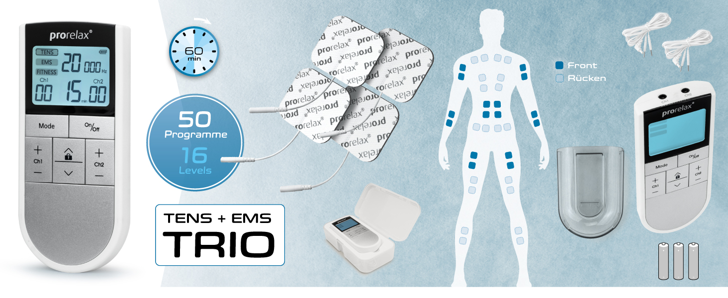 Prorelax TENS/EMS Trio: електростимулятор для релаксації, м'язів та зняття болю | 3 терапії, 50 програм, 16 рівнів інтенсивності