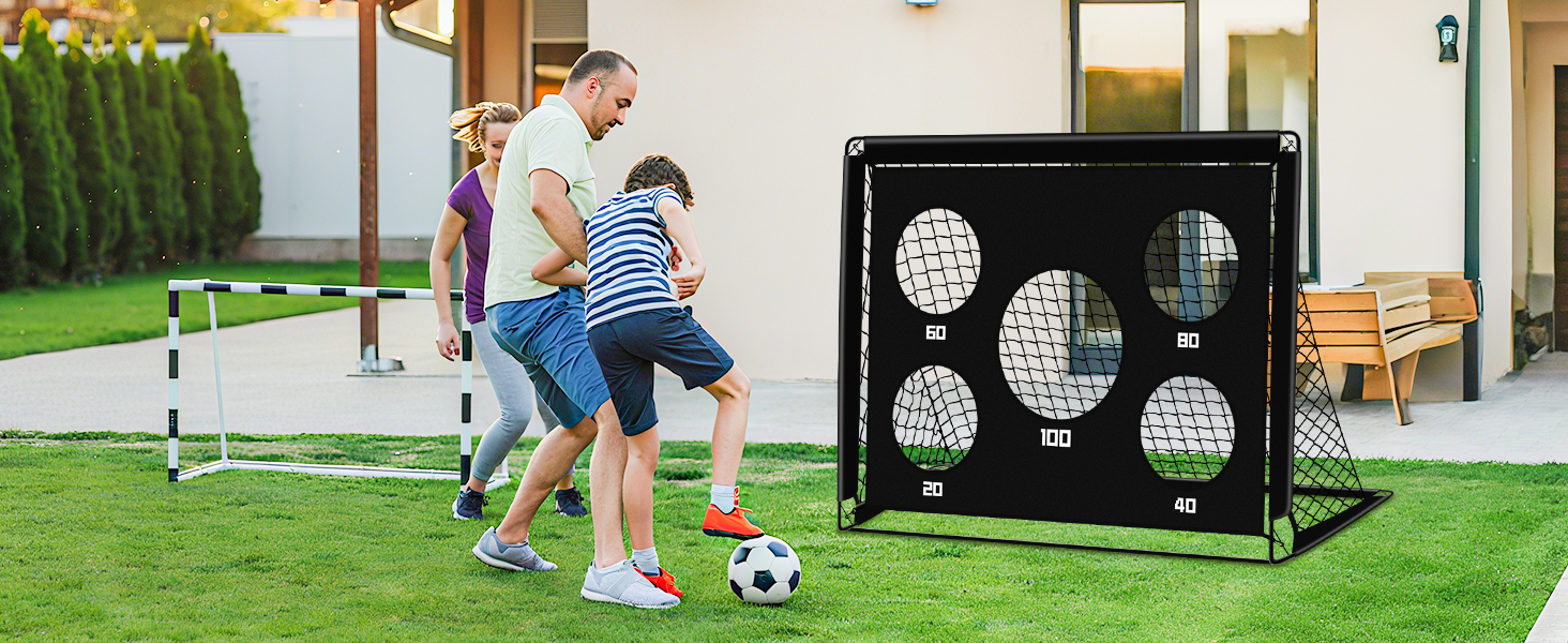Дитячі ворота для футболу 2-в-1, 150x120 см, портативні та стабільні, 5 цілей, 4 анкера, сумка, для саду, парку, пляжу, чорний