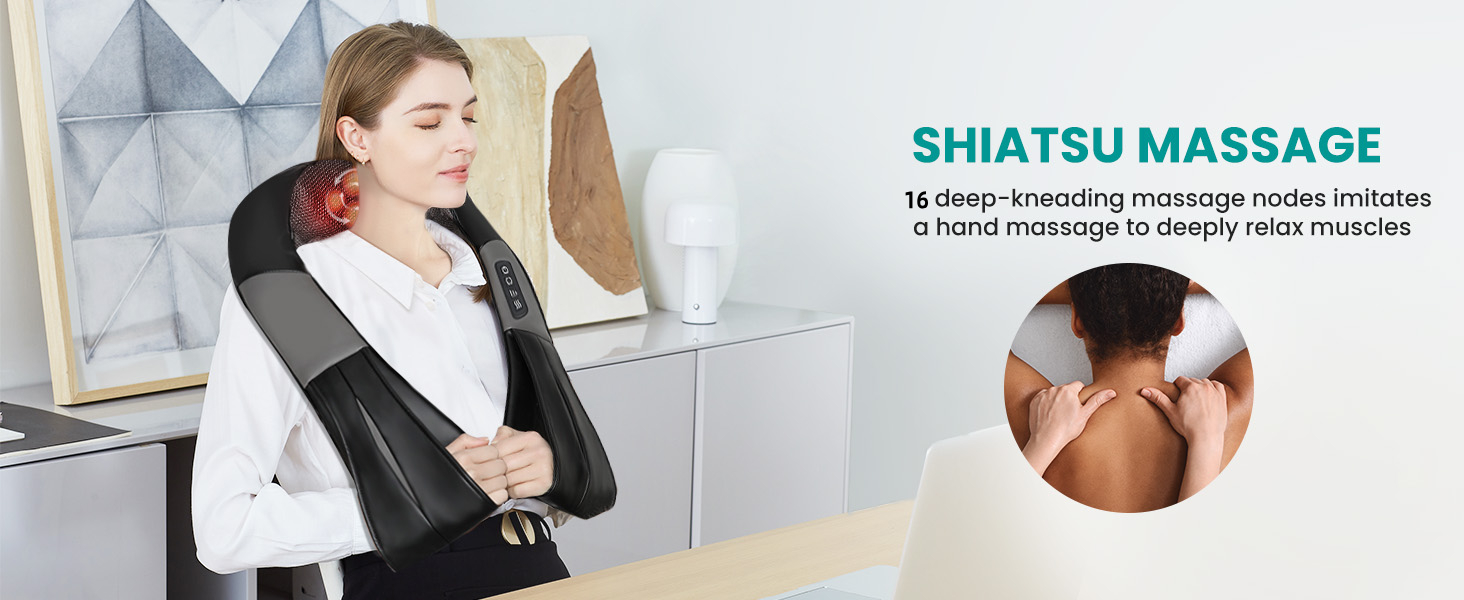 Масажер для шиї та спини Nekteck Shiatsu з підігрівом, електричний 3D-масажер для тіла, розслаблююча масажна подушка для шиї, спини, плечей, ніг, зняття болю в м'язах, для дому, офісу та авто, чорний
