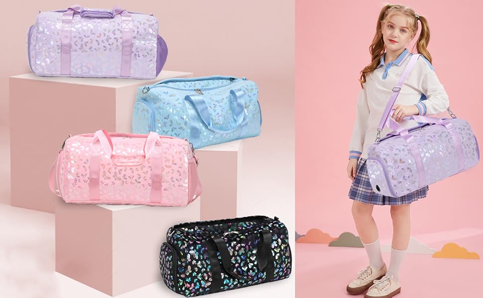 Спортивна сумка для дівчаток Kord з квітковим принтом (25л) з водовідштовхувальним відділенням для мокрого одягу та взуття. Ідеальна для школи, спорту, танців та тренувань. Чорний/Рожевий колір.