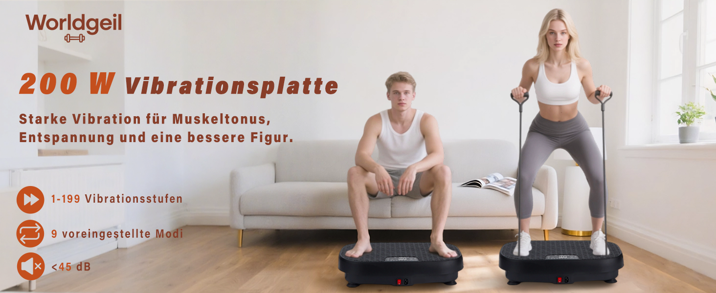 Вібраційна платформа Worldgeil для дому - 199 рівнів вібрації, 9 програм, вбудований динамік, для схуднення та тренувань всього тіла, до 150 кг