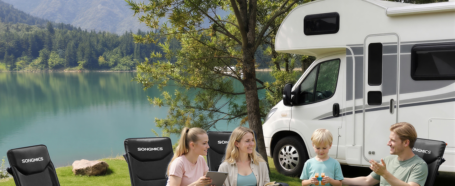 Складний туристичний стілець SONGMICS для відпочинку, риболовлі та кемпінгу, чорний, з регульованою спинкою 95°-150°